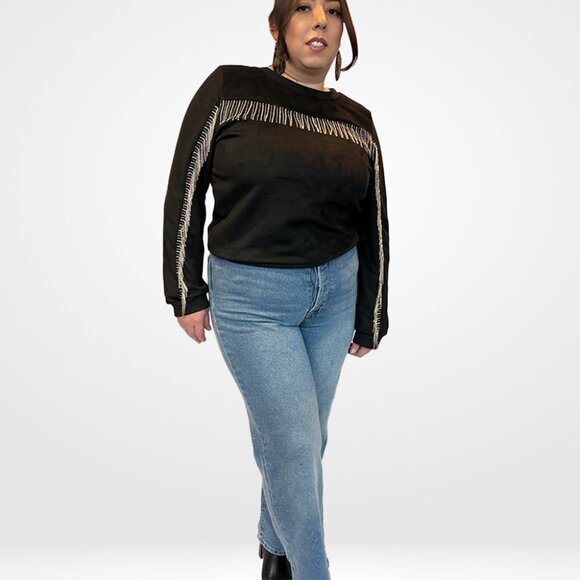 Black Suede Sweater with diamond fringe detail - Picture 2 of 5